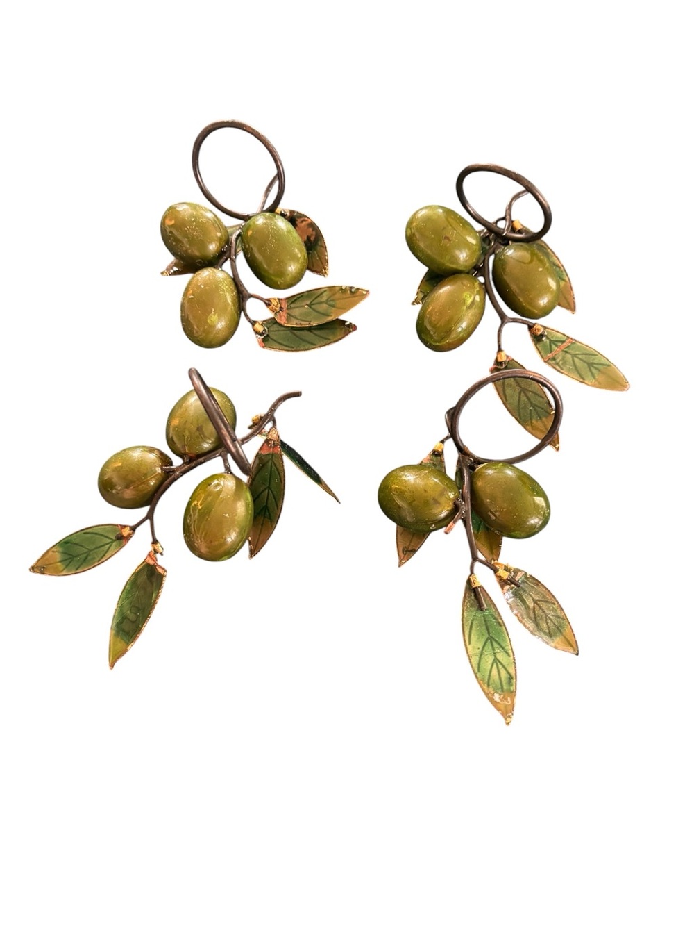 VTG Set 4 Olive Branch Metal Napkin Rings Green Dining Entertaining Art Deco